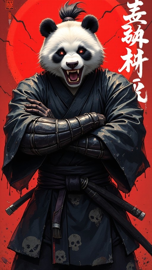 Anthropomorphic panda warrior in a black skull-patterned kimono and armored gauntlets stands with crossed arms, baring fangs with glowing red eyes against a red background.