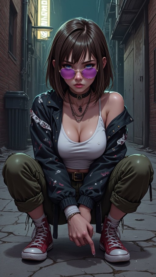 A young woman with brown hair and purple sunglasses squats in an alleyway wearing a white tank top, black jacket, green pants, and red sneakers while pointing at the ground.