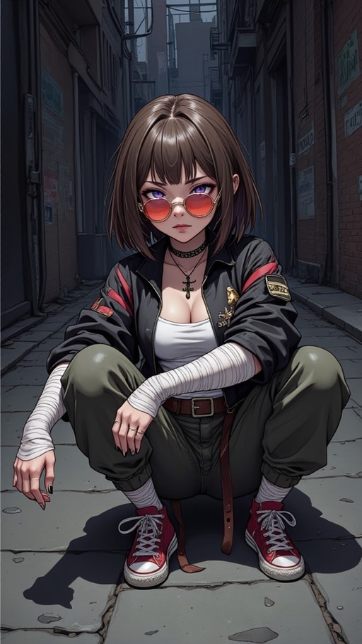 An anime-style girl with short brown hair and purple eyes squats in a narrow city alley. She wears round orange-tinted sunglasses, a black bomber jacket with patches, olive green pants, red high-top sneakers, and has white bandages wrapped around her forearms.