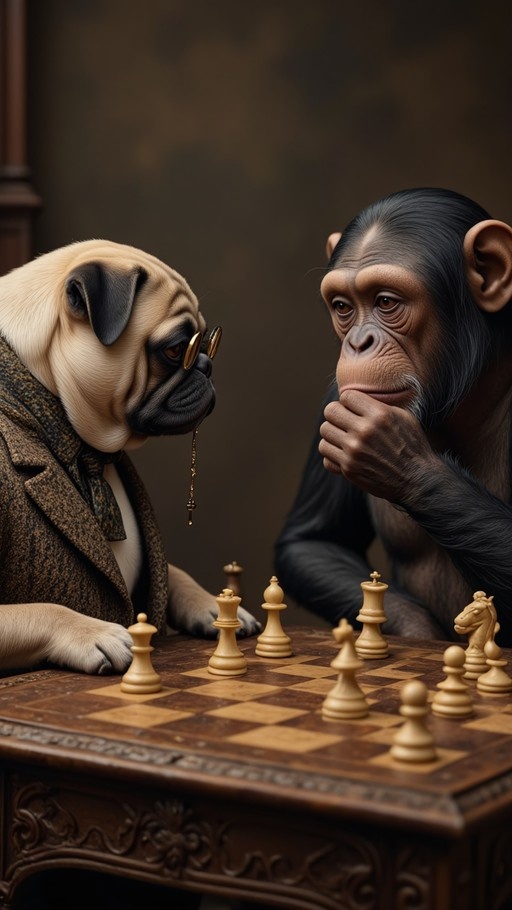 A pug in a tweed coat and glasses plays chess against a thinking chimpanzee.