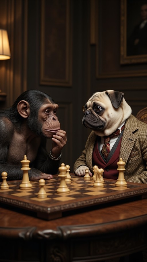An anthropomorphic chimpanzee and a pug in formal attire play chess on a wooden board in a dimly lit room.