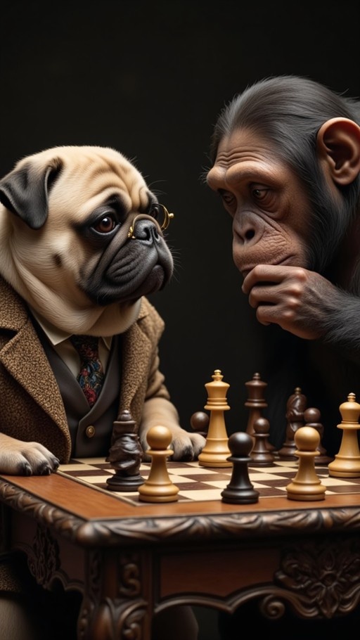 A pug wearing a brown suit and pince-nez glasses sits across from a chimpanzee at a wooden table, both intently focused on a game of chess.
