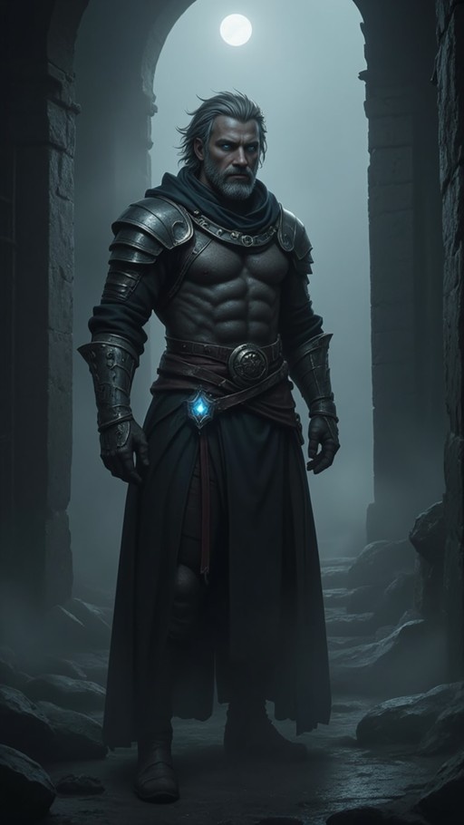 A muscular fantasy warrior with grey hair and a beard stands in a stone archway at night, wearing shoulder armor and gauntlets while looking forward with glowing blue eyes.