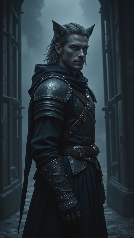 A grey-haired cat-eared man in dark leather armor and a hood stands in a foggy stone alleyway.
