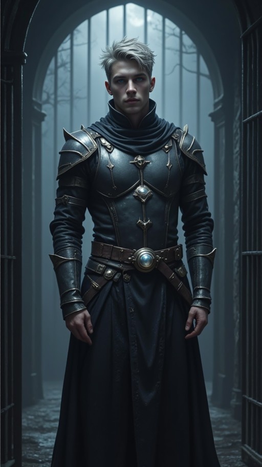 A young man with white hair and blue eyes wearing black armor stands in a misty stone archway.