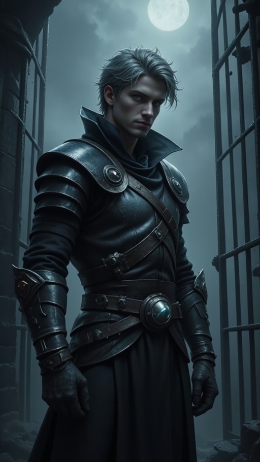 A young man with short grey hair and blue eyes wearing dark fantasy armor stands between stone gates under a large full moon at night.