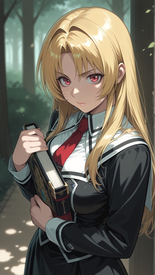 Blonde anime girl with red eyes in a school uniform holding a book in a forest