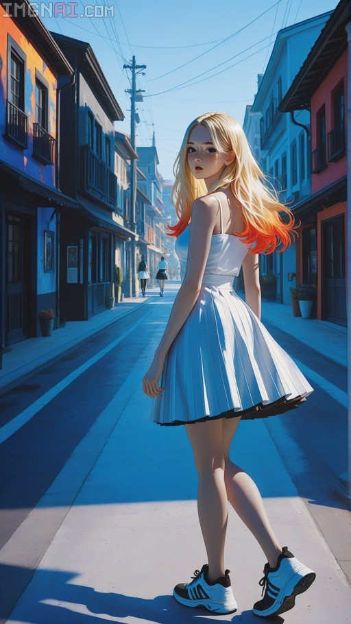 A young woman with long blonde hair and orange tips walks down a sunny street in a white pleated dress and sneakers, looking back over her shoulder.