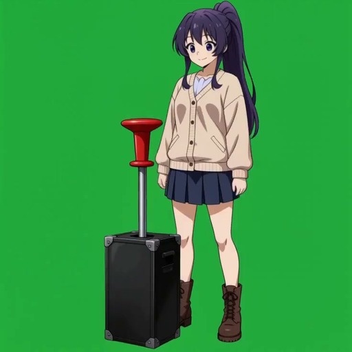 Purple-haired anime girl in school uniform pushes joystick on suitcase causing explosion, then fires rocket launcher and throws energy ball.