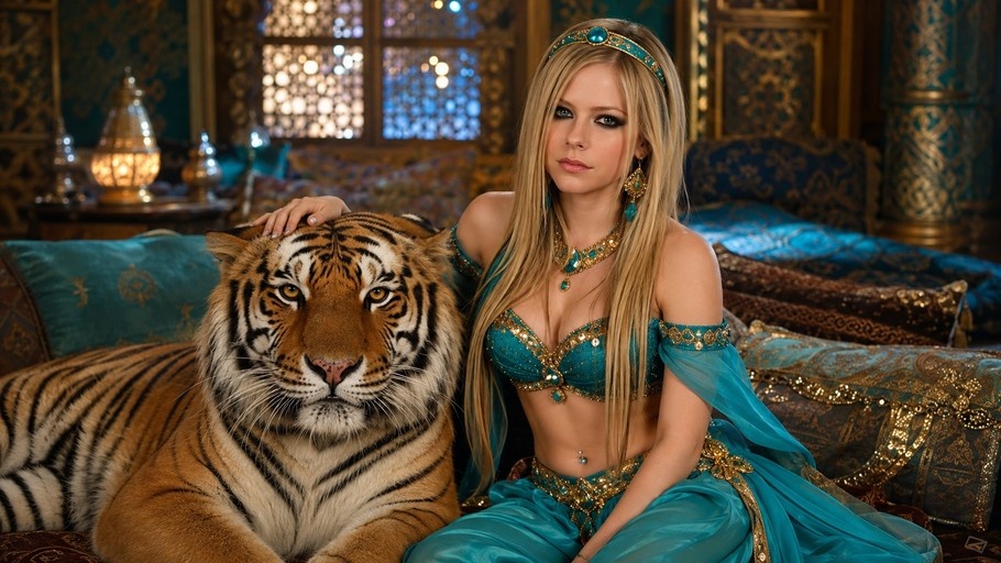 A realistic portrait of Avril Lavigne in a teal and gold genie costume sitting on a couch next to a large tiger.