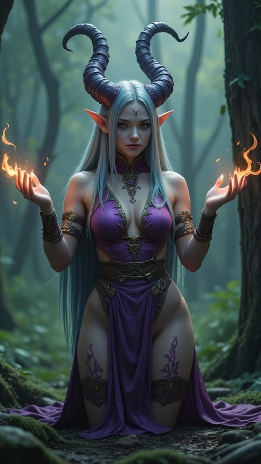 A pale-skinned woman with large curved horns and pointed ears kneels in a misty forest, holding flames in her hands while wearing a purple outfit.