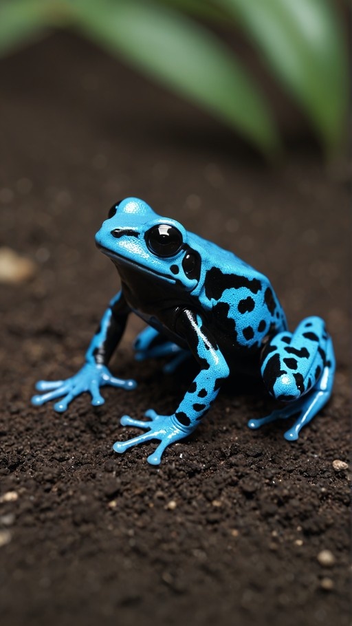 A vibrant blue poison dart frog with black spots sitting on dark soil with a blurred green background.