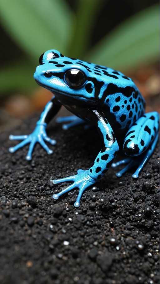 A bright blue frog with black spots sitting on dark ground.