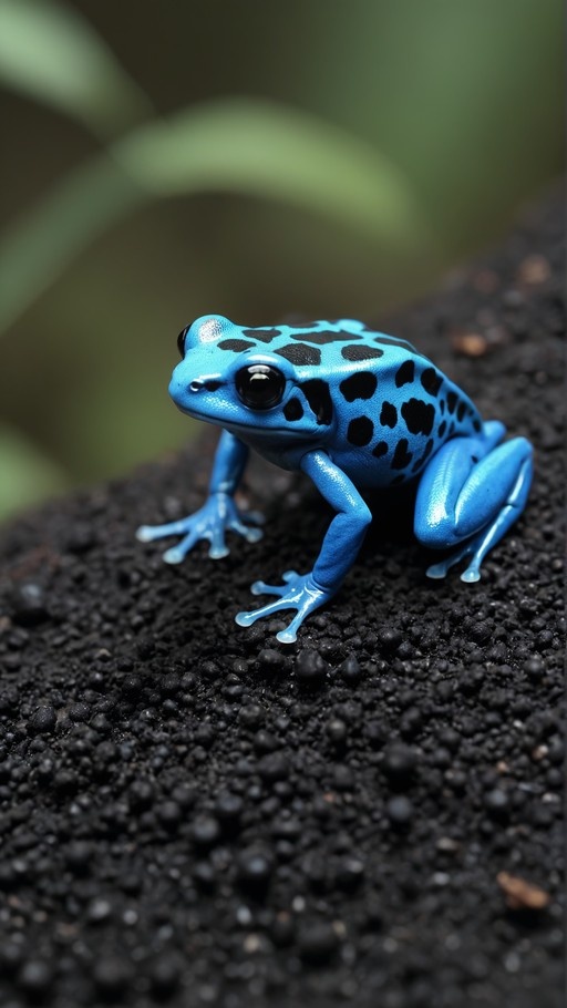 A close-up of a bright blue frog with black spots sitting on dark soil against a blurred green background.