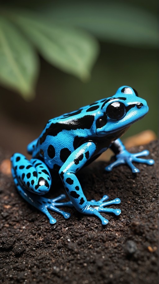 Close-up of a bright blue poison dart frog with black spots sitting on dark earth with green leaves in the background