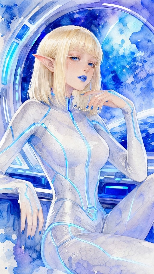 A blonde elf with pointed ears sits in a spaceship cockpit wearing a white bodysuit with blue glowing lines and blue lips, looking at the viewer against a starry space background.
