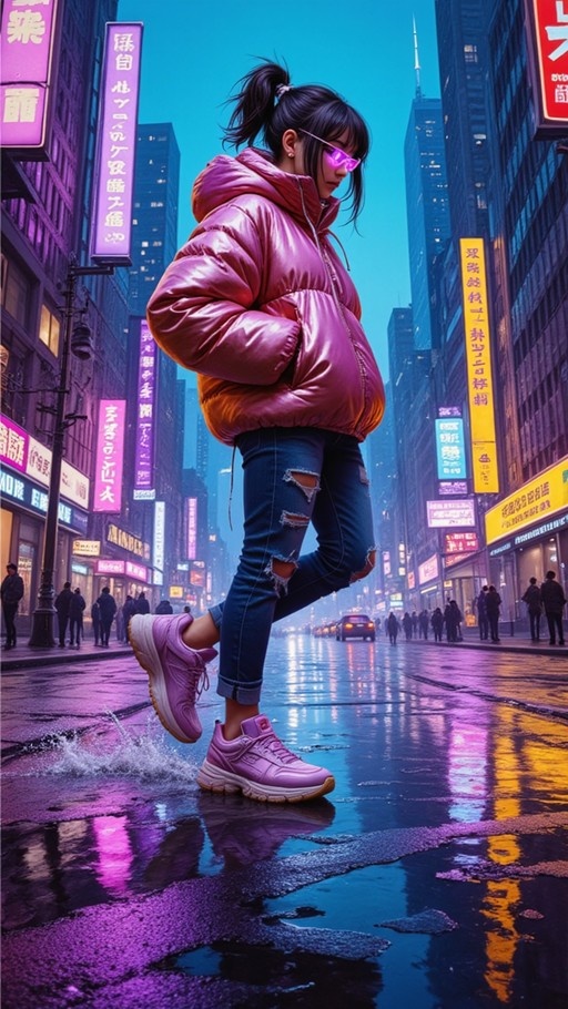 A young woman in a shiny pink puffer jacket and ripped jeans kicks up water from a puddle on a wet city street at night, illuminated by vibrant neon signs.