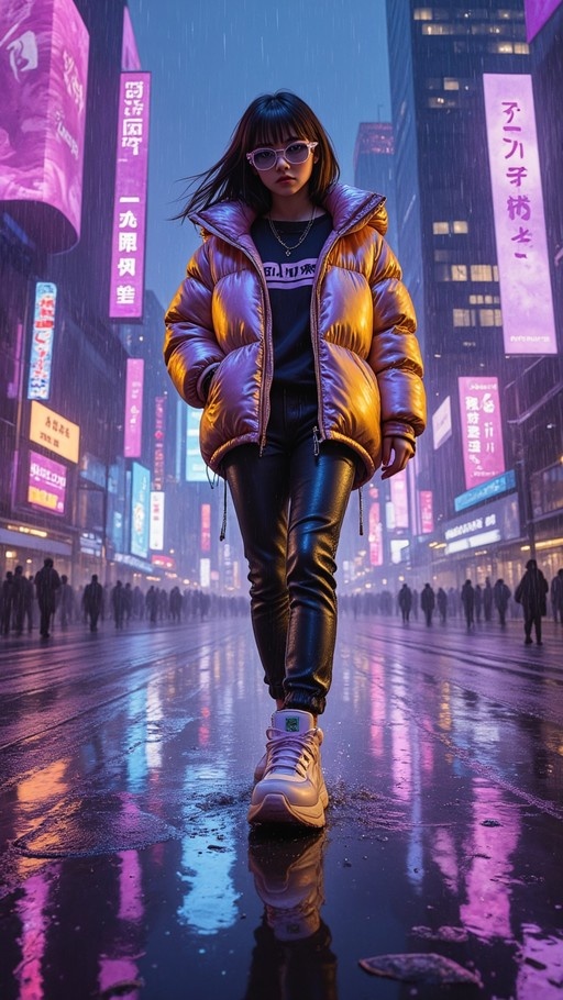 A young woman in a shiny metallic puffer jacket walks through a puddle on a rainy neon-lit city street at night.