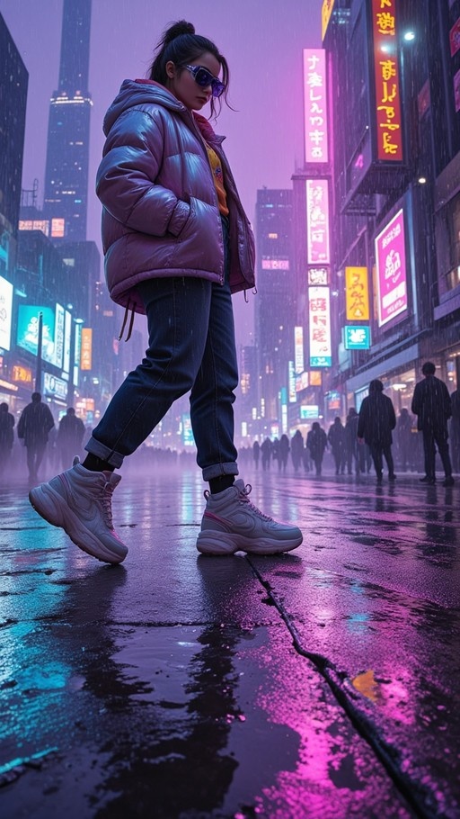 A woman wearing a shiny purple puffer jacket and sunglasses walks down a wet, neon-lit city street at night.