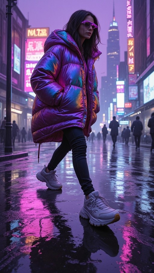 A young woman wearing an iridescent purple puffer jacket and sunglasses walks down a wet, neon-lit city street at night.