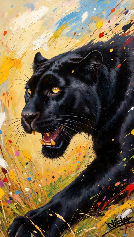 A digital painting of a black panther with yellow eyes and an open mouth showing sharp teeth, set against a colorful abstract background with paint splatters.