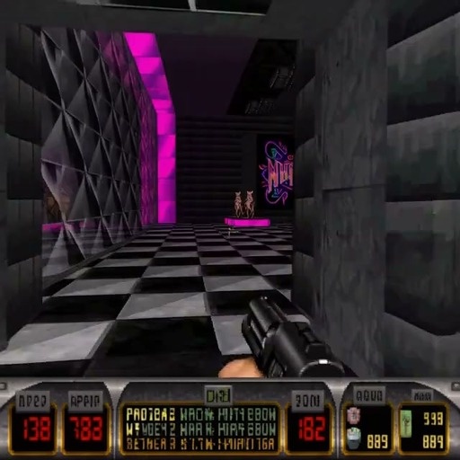 A first-person view of a player holding a gun in a room with a checkered floor and neon lights, facing two dancing cat girls in bikinis.