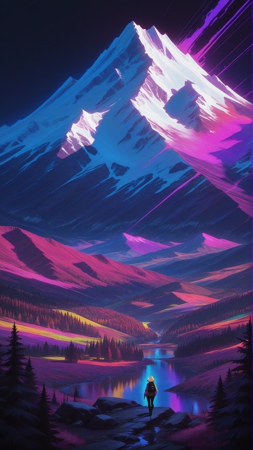 A lone figure in a yellow hooded jacket stands on a rocky shore, gazing up at a massive snow-capped mountain illuminated by vibrant neon blue and magenta light, with a reflective river winding through a pine forest valley below.