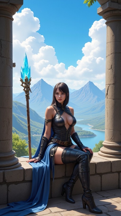 A fantasy warrior woman in black leather armor sits on a stone balcony holding a glowing blue crystal staff, with mountains and a lake in the background.