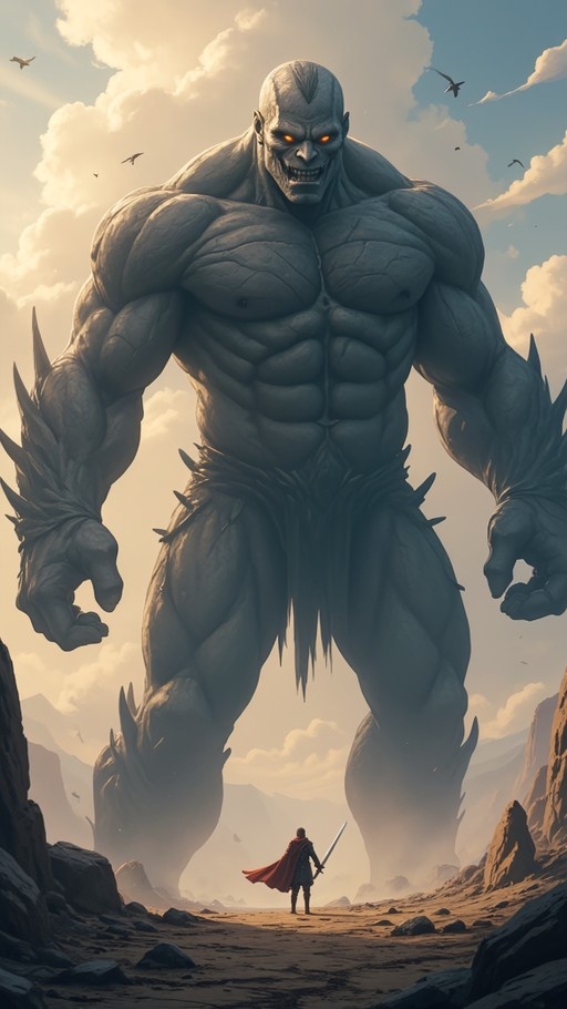 A massive muscular grey giant with glowing orange eyes towers over a tiny knight in armor and a red cape holding a sword in a rocky landscape.