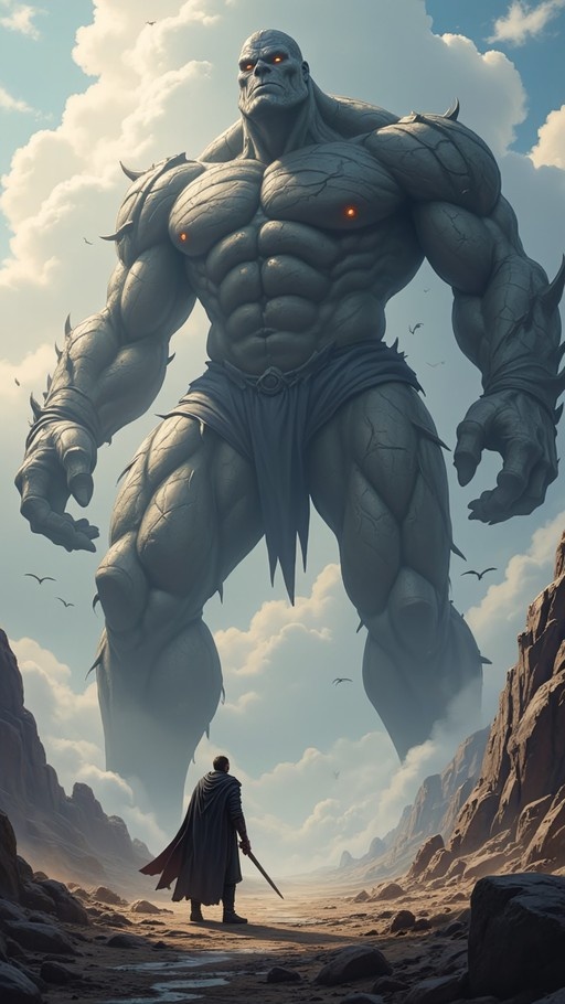 A colossal stone giant with glowing orange eyes towers over a lone swordsman in a rocky desert canyon.