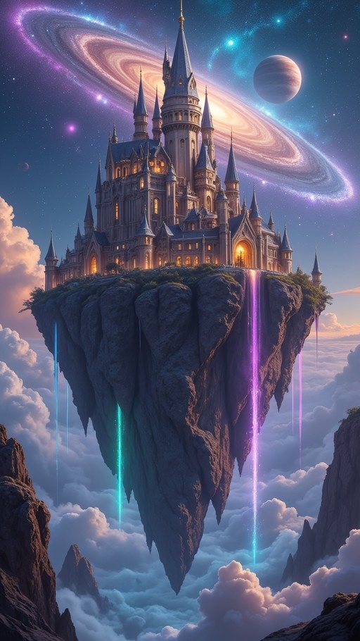 A majestic fantasy castle with illuminated windows sits on a large floating rock formation above the clouds. Glowing purple and blue waterfalls fall from the island into the mist below against a backdrop of a spiral galaxy and a planet in a starry sky.