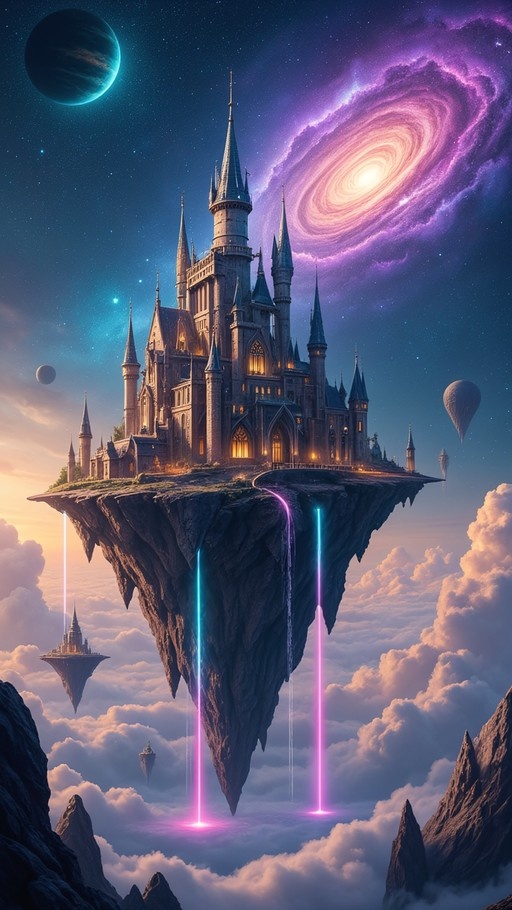 A majestic stone castle perched on a massive floating rock island, suspended above fluffy clouds against a backdrop of a vibrant purple spiral galaxy and distant planets.