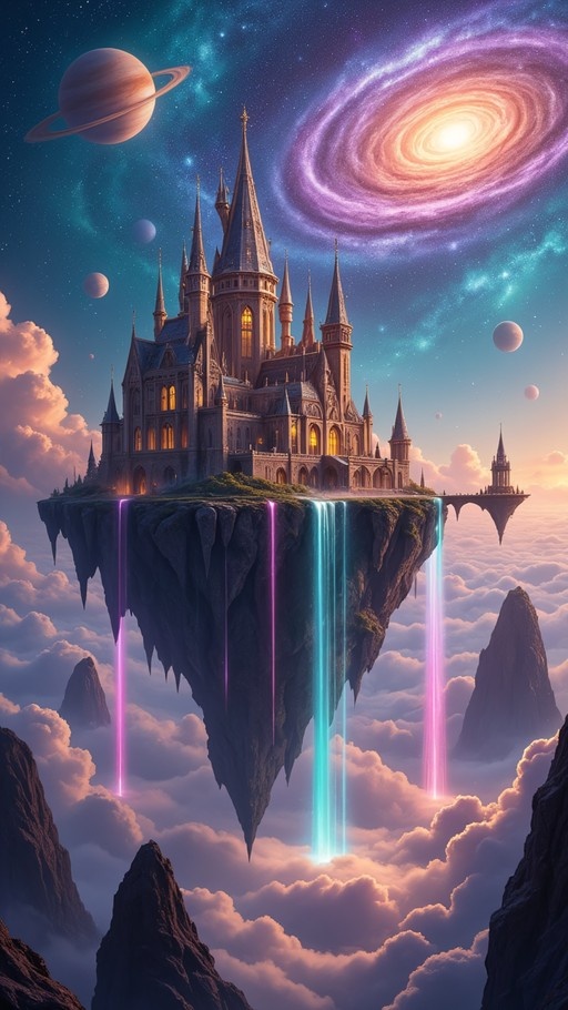 A majestic gothic castle sits on a floating island above clouds with glowing waterfalls falling into the mist, set against a starry sky with planets and a swirling galaxy.