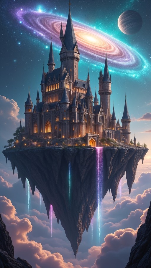 A majestic gothic castle with tall spires sits on a large floating rock island above the clouds, with glowing purple and blue waterfalls cascading down its sides against a backdrop of a swirling galaxy and a planet.