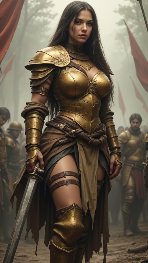 A female warrior in ornate gold armor holds a sword while standing on a misty battlefield with soldiers and flags in the background.
