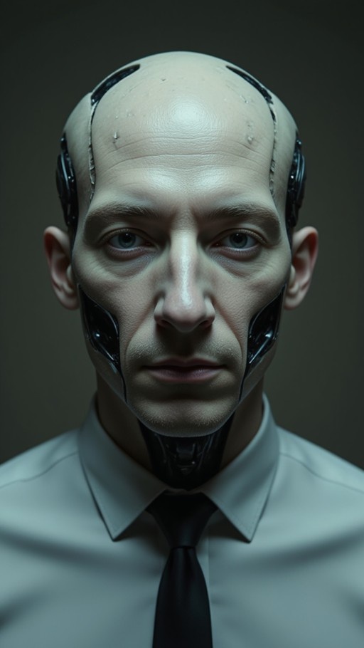 A close-up portrait of a bald male android with exposed mechanical parts on his head and neck, wearing a white collared shirt and black tie against a dark background.