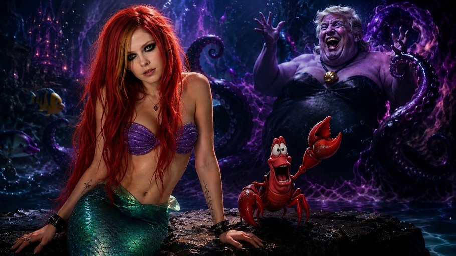 Avril Lavigne as Ariel the mermaid sits on a rock next to Sebastian the crab with Ursula in the background.