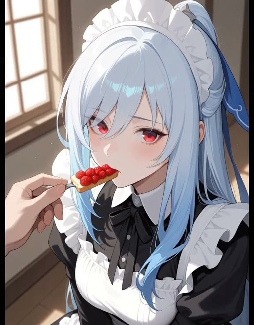 Jingliu from Honkai: Star Rail in a maid outfit being fed raspberry toast.
