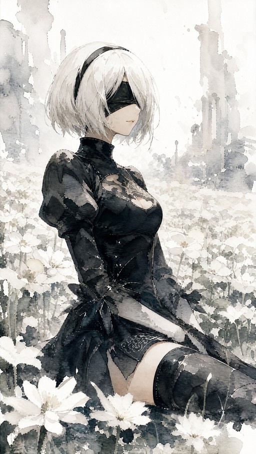 A watercolor painting of 2B from Nier: Automata sitting in a field of white flowers, wearing her signature black dress and blindfold.