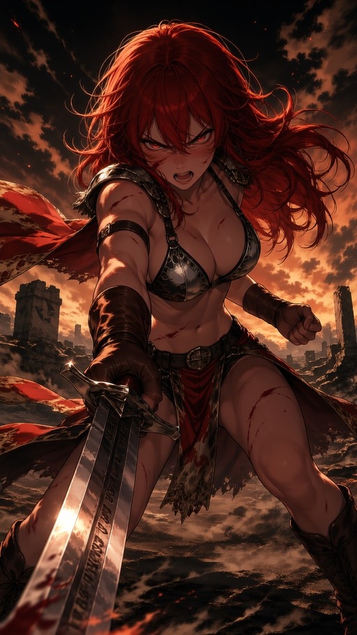A red-haired female warrior in metallic armor charges forward with a large sword, blood on her face against a backdrop of ruins and an orange sky.