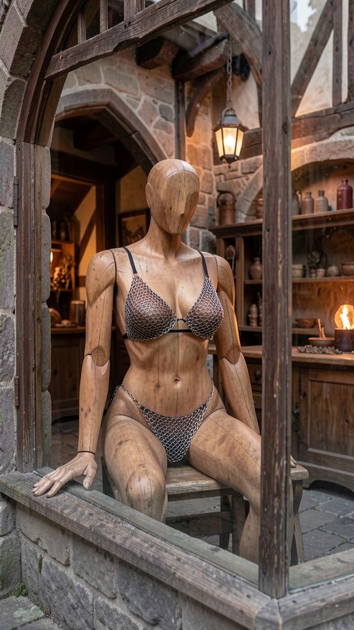 A faceless wooden mannequin wearing a chainmail bikini sits on a bench inside a rustic stone room, viewed through an arched window.