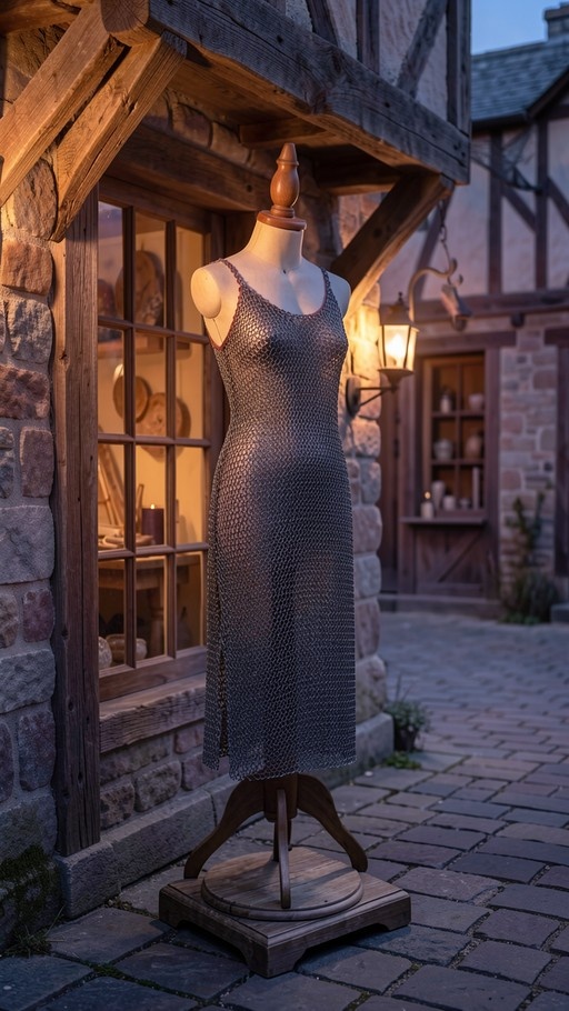 A headless mannequin wearing a long silver chainmail dress stands on a wooden stand outside a stone and wood building with a lit window and hanging lantern.