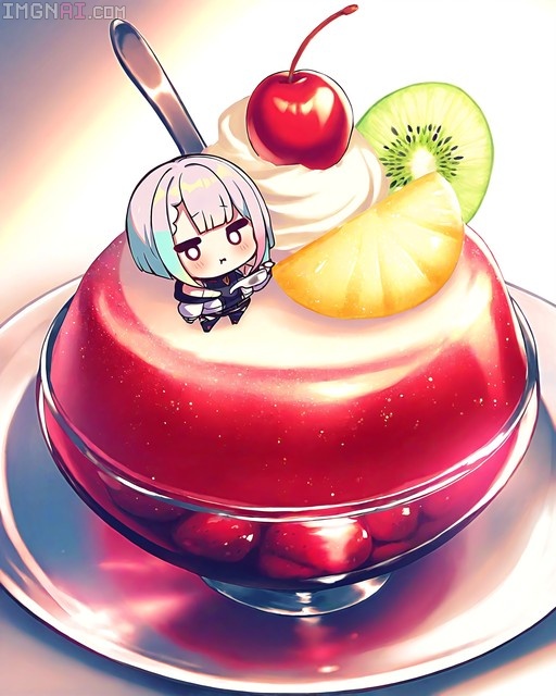 Chibi Lucy from Cyberpunk: Edgerunners standing on a giant red pudding topped with whipped cream and fruit slices.