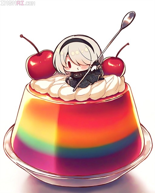 A cute chibi 2B from Nier: Automata sits on whipped cream and cherries atop a giant rainbow pudding, holding a spoon.