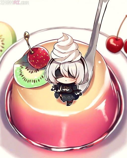 Chibi 2B from Nier: Automata sits inside a large glass bowl of rainbow pudding topped with whipped cream, a strawberry, and kiwi slice.