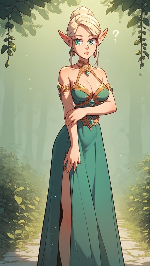 A digital illustration of Princess Zelda with blonde hair and pointed ears wearing a green dress standing in a sunlit forest with a question mark above her head.