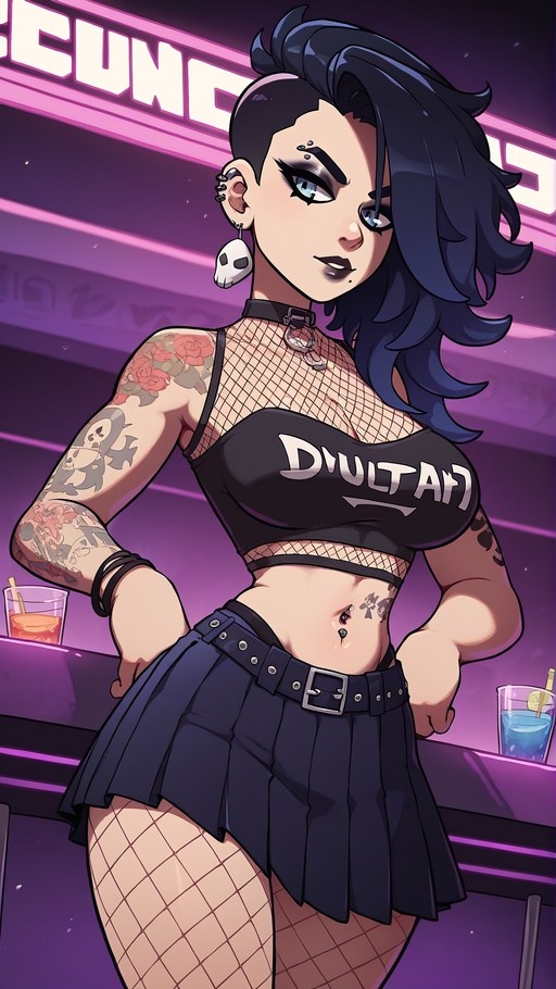 A digital illustration of a goth punk woman with dark blue hair, tattoos, and piercings wearing fishnets and a pleated skirt in a neon bar.