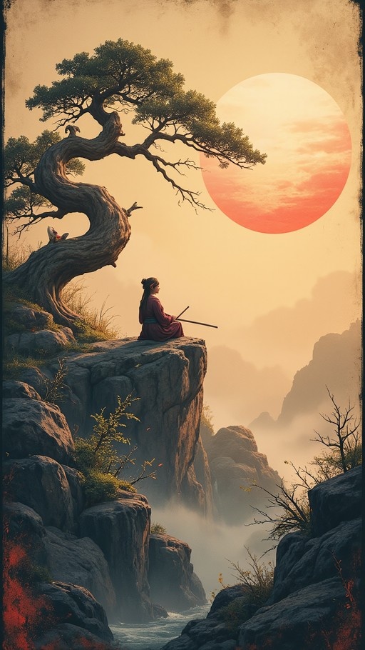 A girl in red traditional robes sits on a rocky cliff holding a long rod, overlooking a misty valley under a large red sun with a gnarled tree nearby.