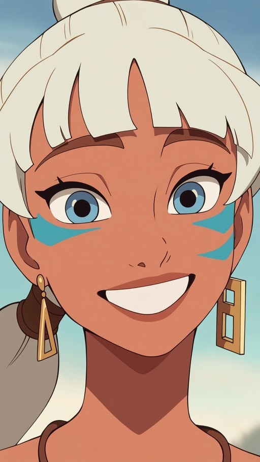 Close-up of Korra from The Legend of Korra smiling, featuring white hair, blue eyes, and blue tribal face paint.