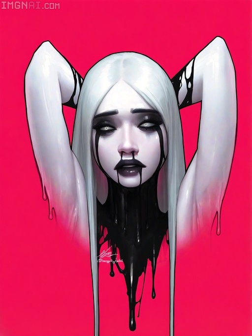 A close-up digital illustration of a pale woman with long white hair and dark eyes, her arms raised behind her head against a bright pink background, featuring black makeup melting and dripping down her face and neck.